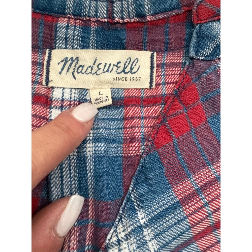 Madewell Womens Red Blue Plaid Flannel Split Neck Pullover Top E6016 Large‎ - Picture 2 of 5